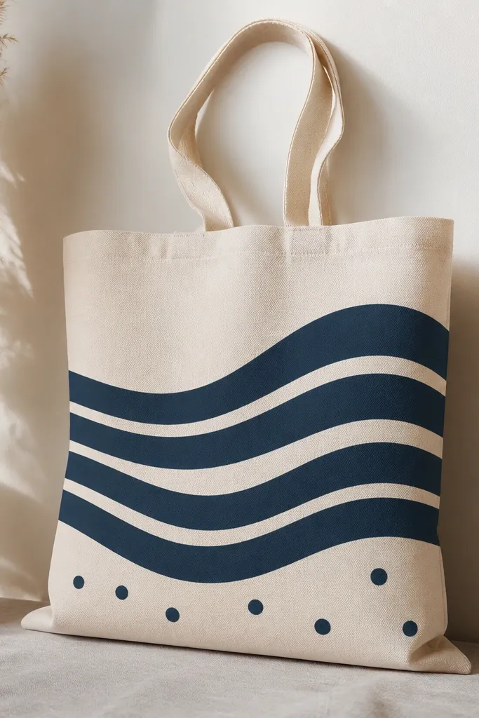 A tote bag with retro wave lines across the center. Thick navy wave bands alternate with thin cream lines, and small wave dots appear near the bottom edge.