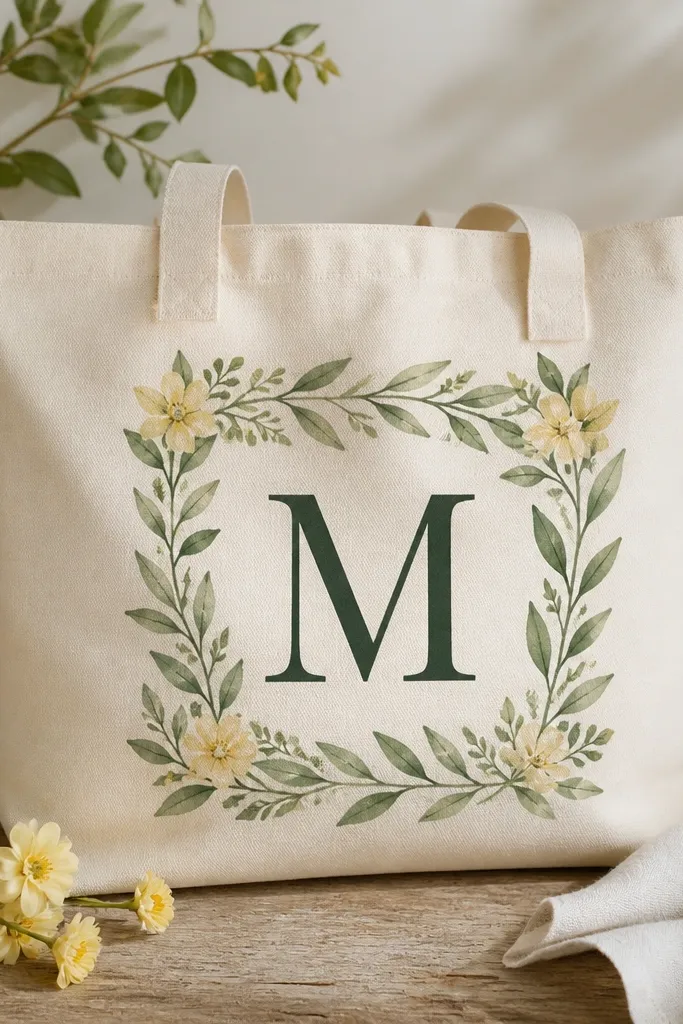 A tote bag with a single large initial in deep green. Around the initial is a leaf frame painted in a lighter green, with small pale yellow flowers tucked in at the corners.