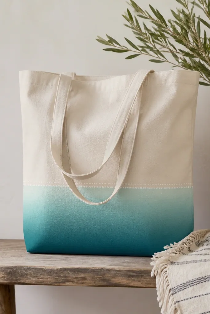 A tote bag with a clean border fade at the bottom edge. The bottom 4 inches fade from deep teal up to light aqua, with a straight top line and a tiny white dot pattern near the edge.