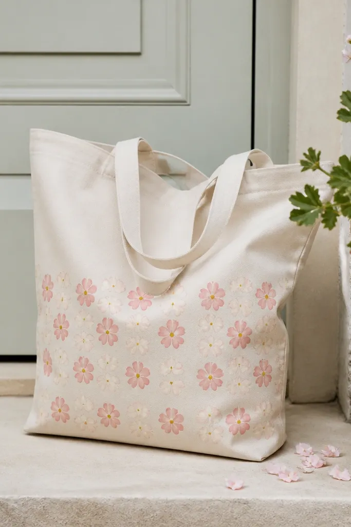 A tote bag with small repeat flowers across the lower half. Each flower has layered petals in soft pink and cream, with a tiny yellow center and a faint textured stamp effect.