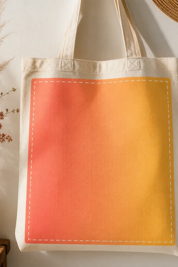 A cream canvas tote shows a smooth sunset gradient from coral to golden yellow across the center, with a thin faux stitched border made from short white dashes around the edges.