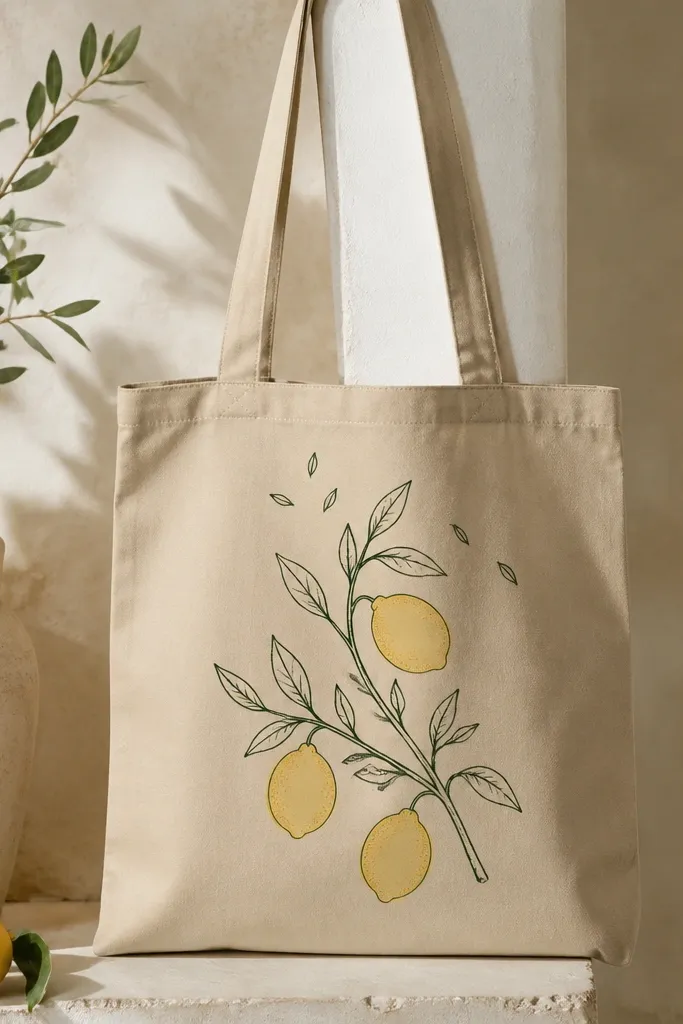 A tan tote has a single branch drawn in dark green line art with three lemons in yellow, each lemon shaded with a soft dot pattern; small leaves scatter upward.