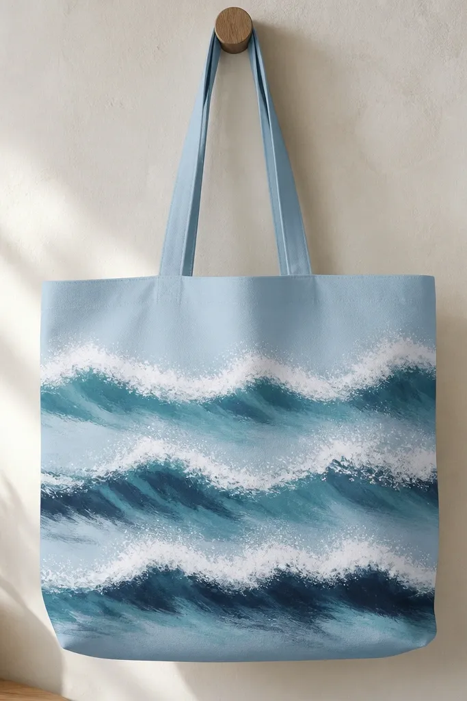 A light blue tote shows three horizontal ocean wave bands in teal and navy, with white dry-brushed crests that look airy and textured.