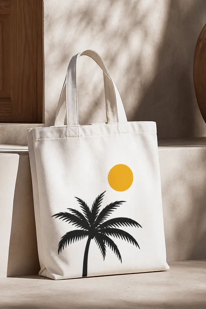 A white tote has a black palm silhouette on one side, with a bright yellow circle sun cut out in the negative space above the fronds.