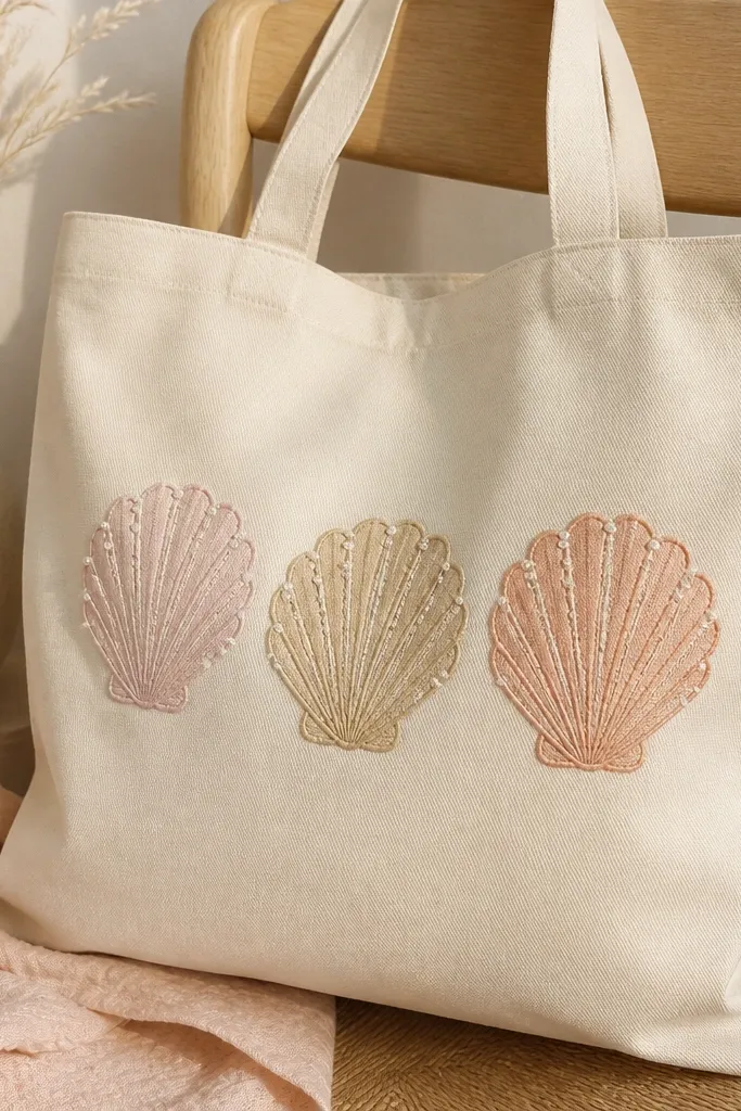 A cream tote displays three seashell shapes in pale pink, sandy beige, and light peach, each with curved ridges and tiny white pearl-like dot highlights.