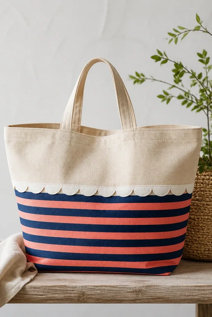 A natural tote has navy and coral stripes across the lower half, with a scalloped edge painted in white along the center seam height.