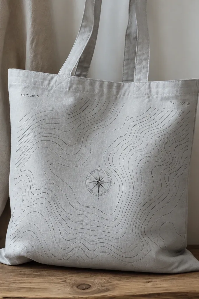 A light gray tote shows black wave lines like a topographic map, with small coordinate numbers near the top corners and a thin compass rose at center.