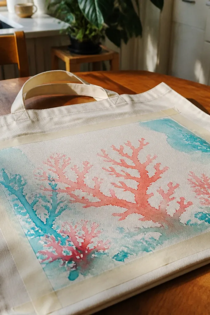 A white tote has soft watercolor-like coral shapes in coral and orange, with turquoise splashes and a few dark seaweed strokes at the bottom.