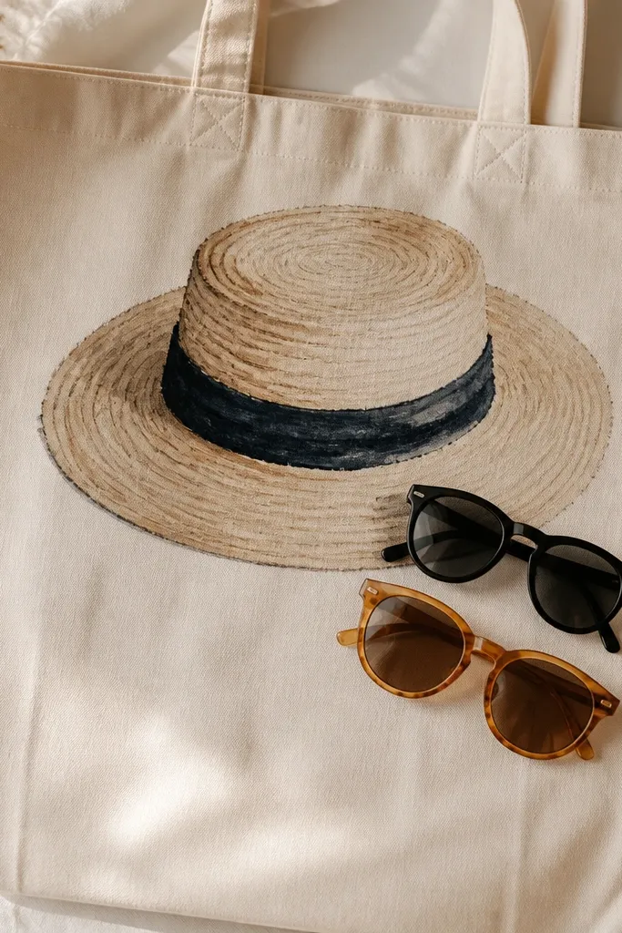 A tote shows a painted straw hat with dark band and a pair of sunglasses in black and amber, placed like a still life near the top center.