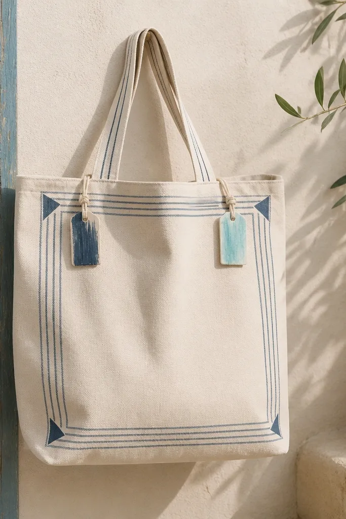 A tote has a border of thin stripes and small corner triangles like a beach towel, plus two tiny painted tags hanging from the top corners.
