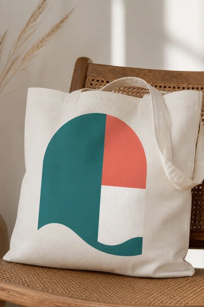A tote shows a large arch shape filled with teal, coral, and white blocks, with a wave cutout line at the bottom like a stylized shoreline.