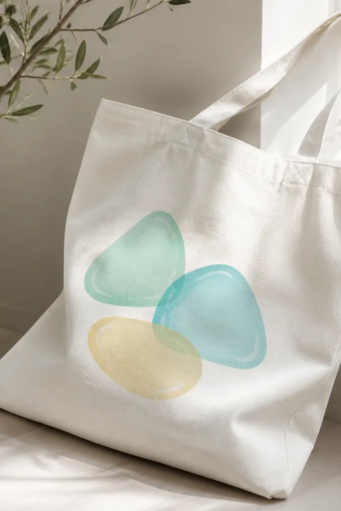 A tote has three sea-glass shapes in mint, aqua, and pale yellow, each with translucent paint layers and a soft white highlight line.