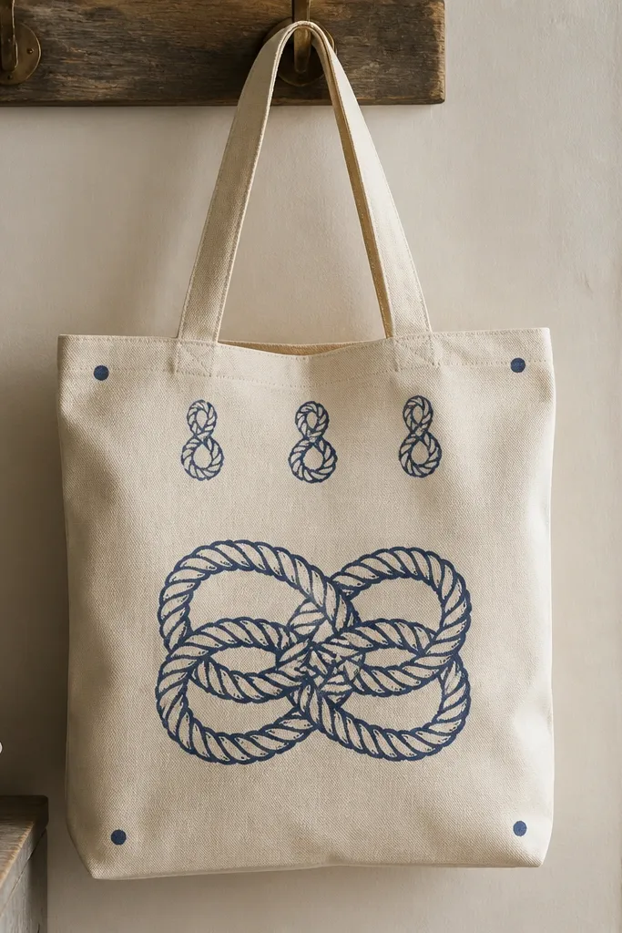 A natural tote shows a large painted rope knot in muted navy at center with smaller rope loops above it, plus tiny anchor dots in the corners.