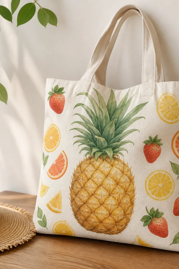 A cream tote shows one large painted pineapple at center with smaller strawberries and citrus slices scattered around it in a coordinated palette.
