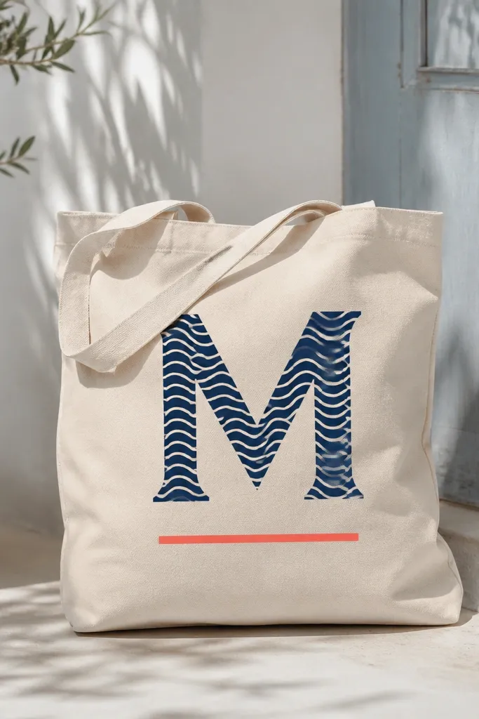 A tote shows a large letter M in navy with a wave stripe fill inside the letter, plus a small coral underline at the bottom.