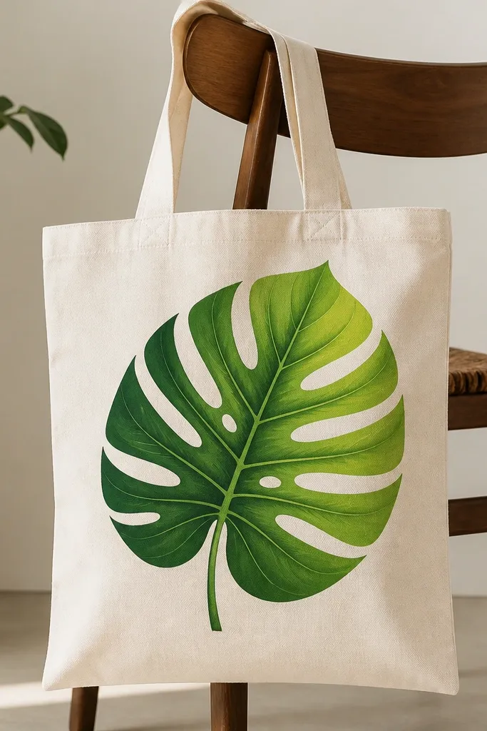 A cream canvas tote bag with a single large monstera leaf centered on the front. The leaf has cutout holes, sharp tape-straight edges, and a two-tone green gradient (deep green shadows with lime highlights). The background stays unpainted, and the leaf veins are painted in thin dark lines.