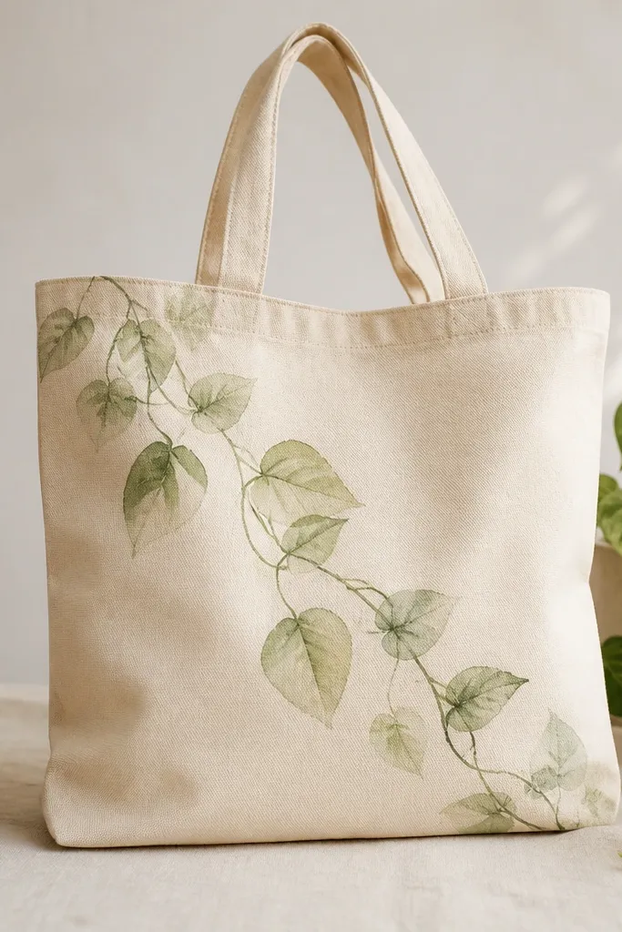 A light beige tote bag with trailing pothos vines wrapping from the top left to the bottom right. Leaves look semi-transparent like watercolor, with soft edges and pale green washes. A few leaves overlap slightly, and the vine line is a thin, darker green curve with gentle splatter dots near the ends.