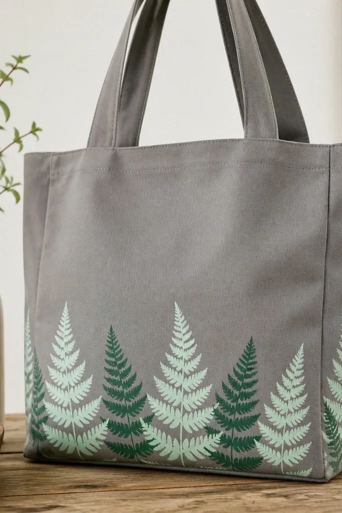 A gray tote bag with a repeating fern stencil border around the bottom edge and partial side panels. The ferns are light mint and deep green, aligned in a neat band. The rest of the tote is unpainted, and the stencil edges are clean with no smears.