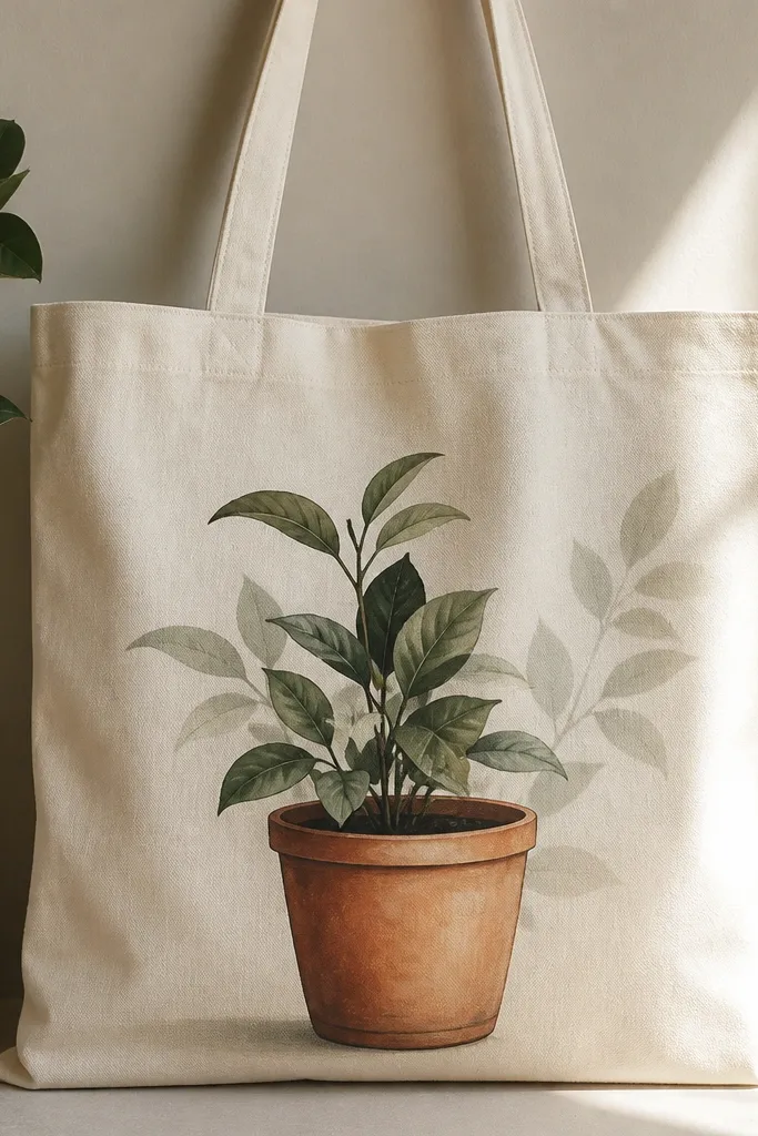 A cream tote bag showing a terracotta clay pot painted near the bottom center. Inside the pot is a small plant with layered leaves in muted greens. The pot has warm orange-brown with a darker rim, and there are painted leaf shadows on the tote background behind the plant.