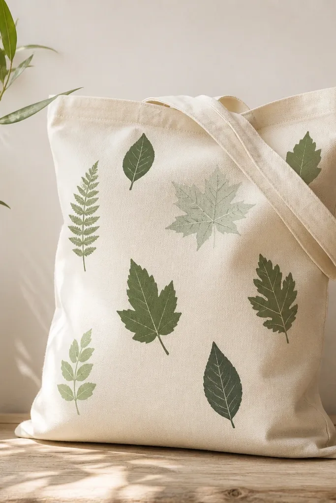 A natural canvas tote bag with several leaf silhouettes scattered like pressed botanicals. Each leaf has a crisp outline and a filled-in shape in varied greens. Some leaves include a lighter inner vein pattern, and the layout looks intentionally spaced with lots of empty canvas.