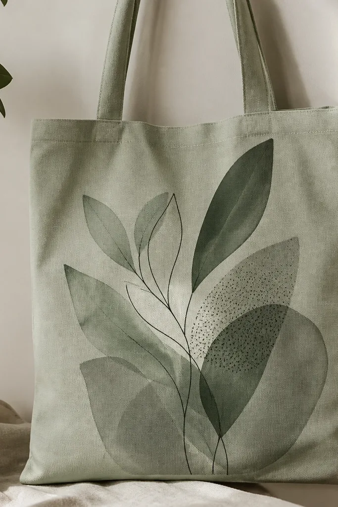 A muted sage tote bag front with a collage-style plant design. There are overlapping leaf shapes: some are painted with smooth opaque green, others are semi-transparent wash, and one section has small speckled dots like plant pollen. A thin dark outline ties sections together.
