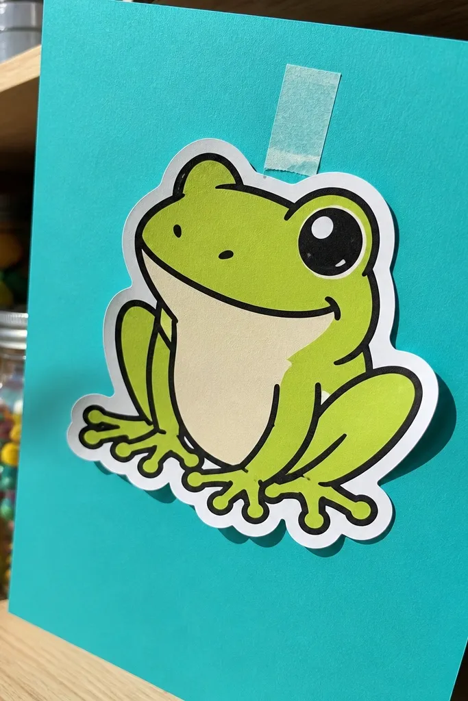 Cartoon tree frog outlined in black on a solid teal background