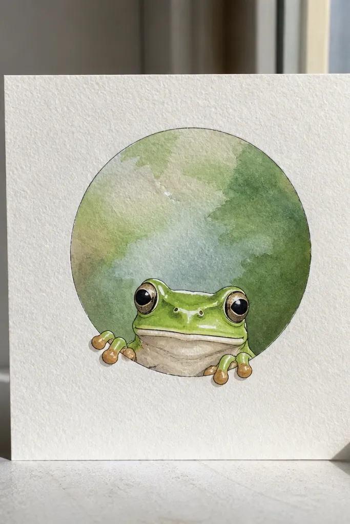 Green tree frog framed by a soft watercolor circle window