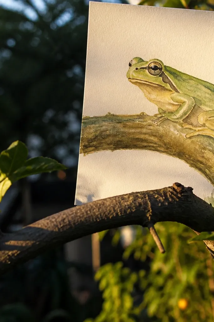 Green tree frog perched on a curved branch with warm sun highlights