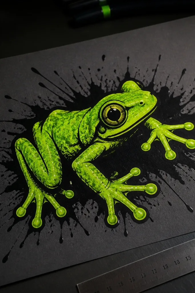 Neon green tree frog with black splatter behind it on dark paper