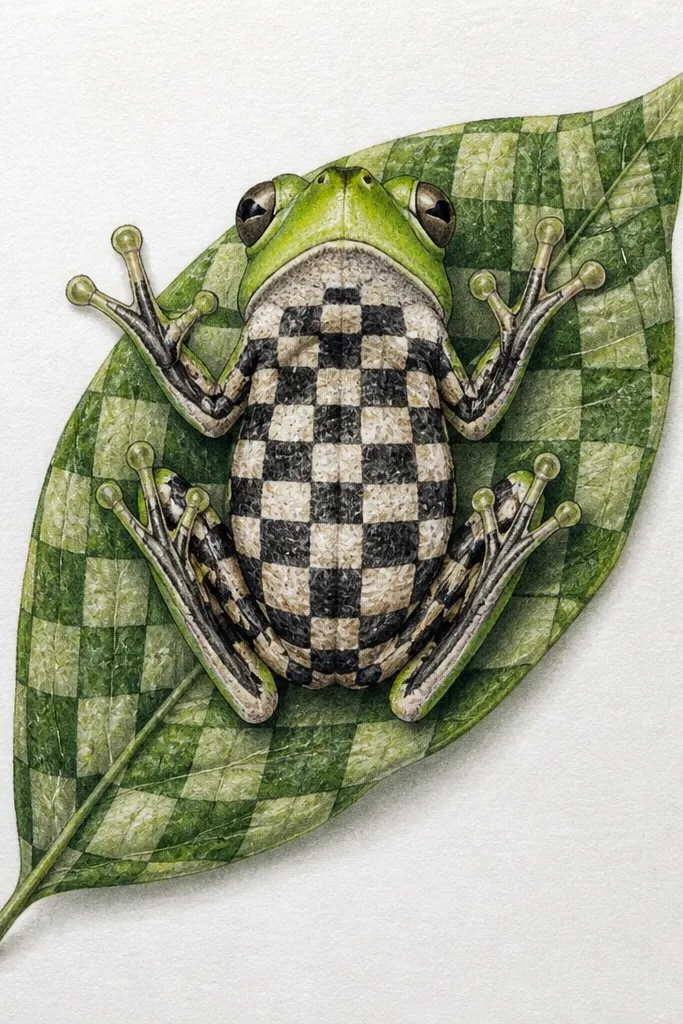 Tree frog with patterned belly spots on a checkerboard leaf background