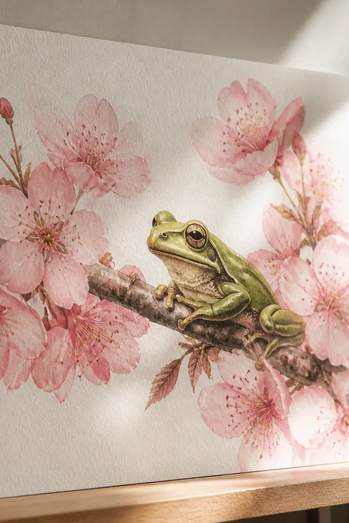 Tree frog on a light branch with pink cherry blossoms around it