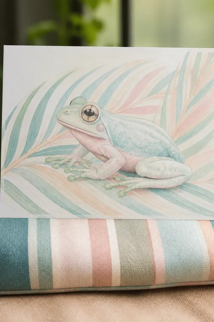 Pastel green tree frog sitting on a striped leaf pattern