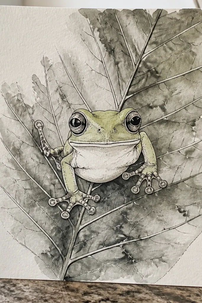 Tree frog painted with ink wash on a leaf with flowing veins