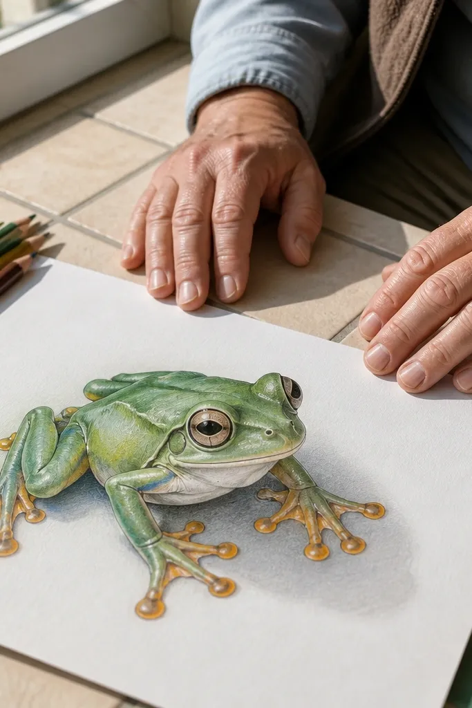Color pencil tree frog with realistic toe pad texture and glossy highlights