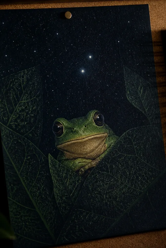 Tree frog on a leaf with a dark starry background and tiny white dots