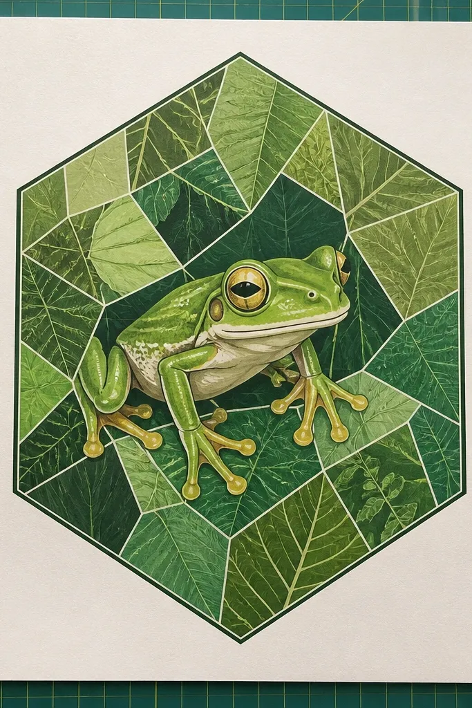 Tree frog drawn inside hexagon shapes with green mosaic leaf colors