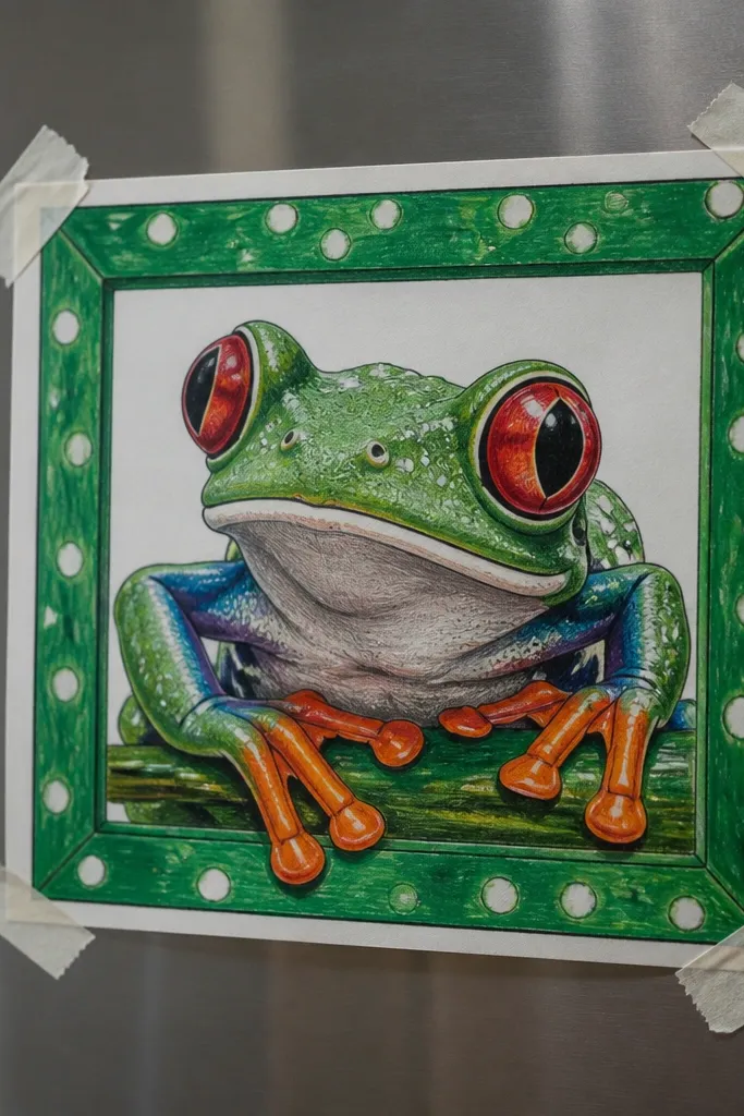 Tree frog with a red eye and white spots on an emerald green frame
