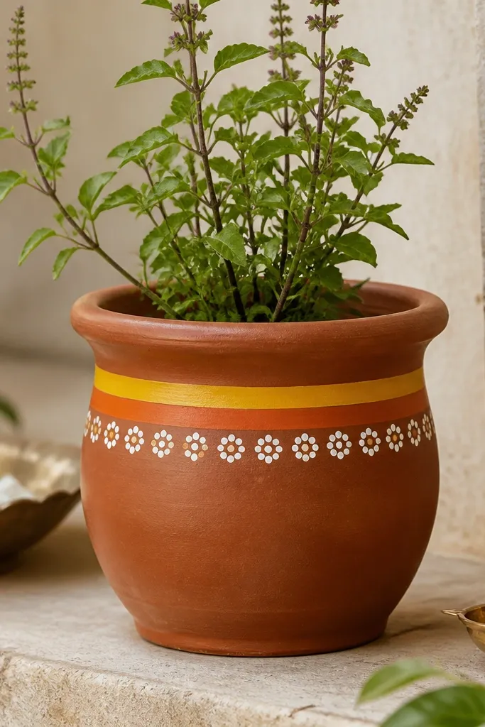 A terracotta tulsi pot painted with a narrow marigold-yellow band around the top below the rim, then a second thin orange stripe. Below that, small white dots form a soft halo that wraps evenly around the pot, like tiny flowers in a circle.