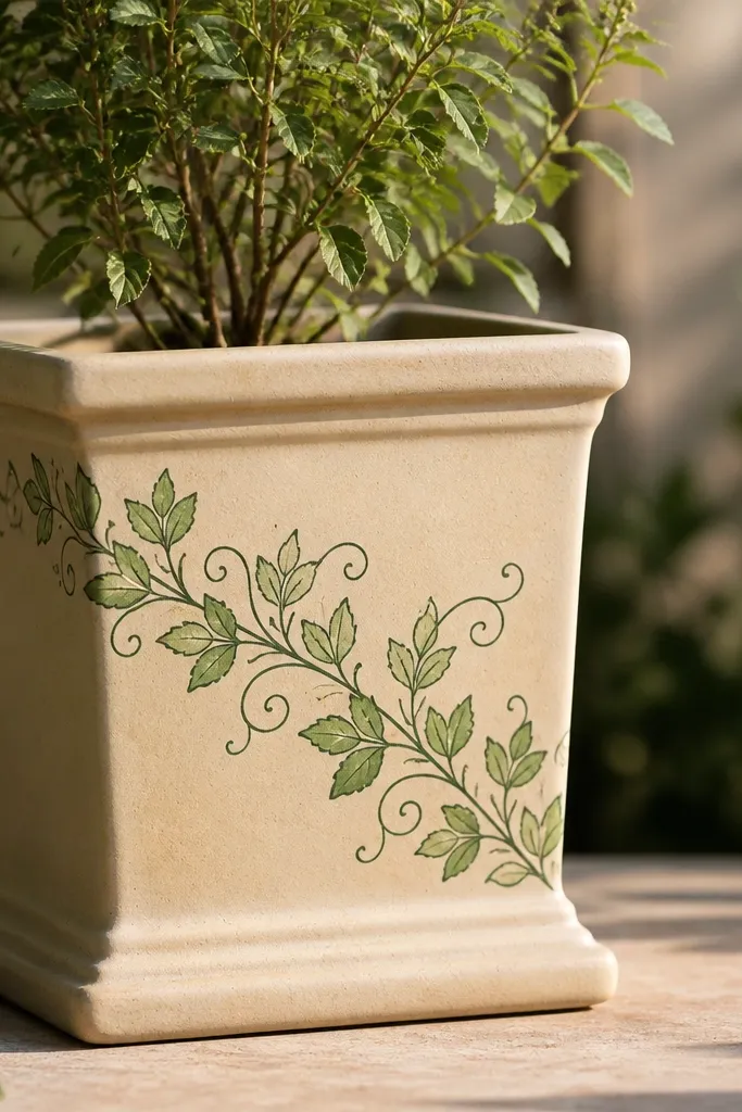 A tulsi pot with a flowing vine painted diagonally from left to right. The leaves are layered in two greens - deep forest green outlines and lighter mint-green fills - with small curled tendrils between them.