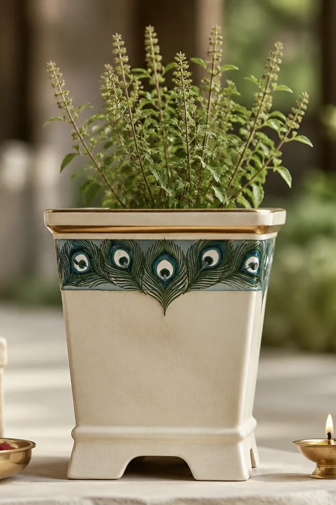 A tulsi pot with a peacock feather motif painted across the upper band. Teal and dark green feathers fan outward with small white highlights in the feather "eyes," and a thin gold line frames the top.