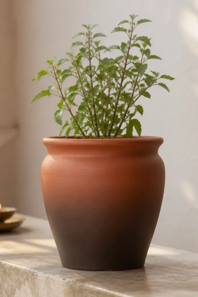 A tulsi pot with a smooth ombre fade from warm terracotta at the top to deeper chocolate-brown at the bottom. The gradient is soft and blended, with no harsh lines.