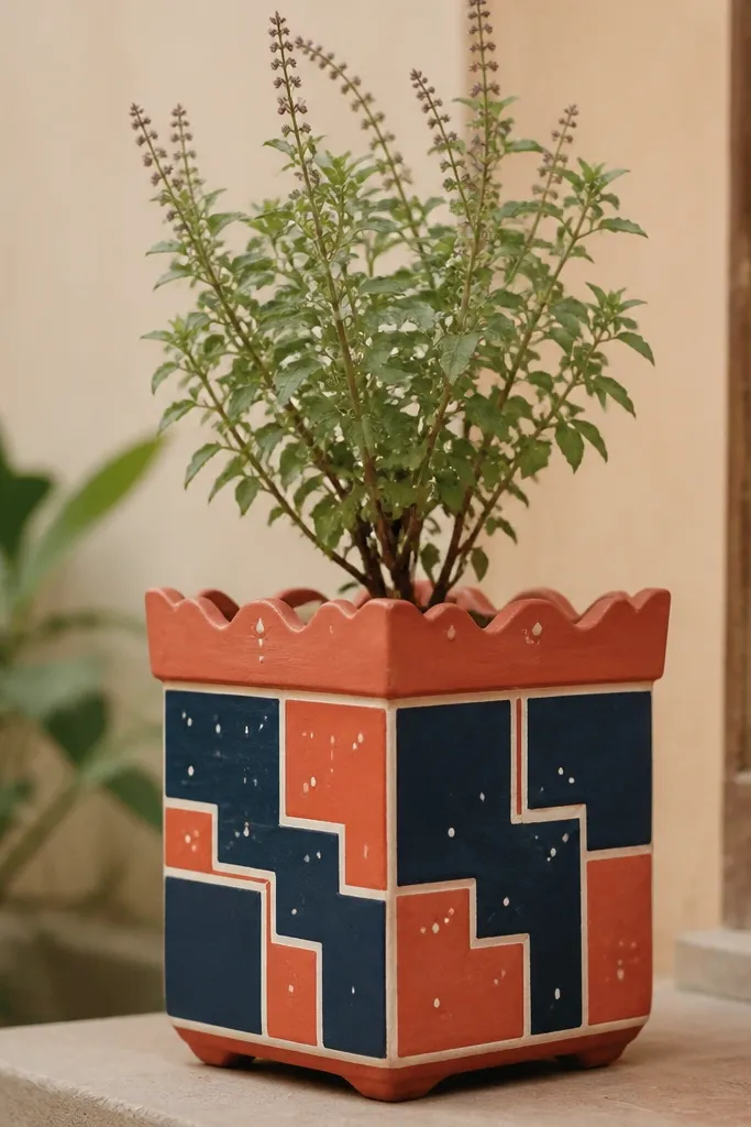 A tulsi pot painted with geometric blocks and tiny dot accents. The main colors are deep navy squares and coral-red shapes, with thin white lines separating the sections.