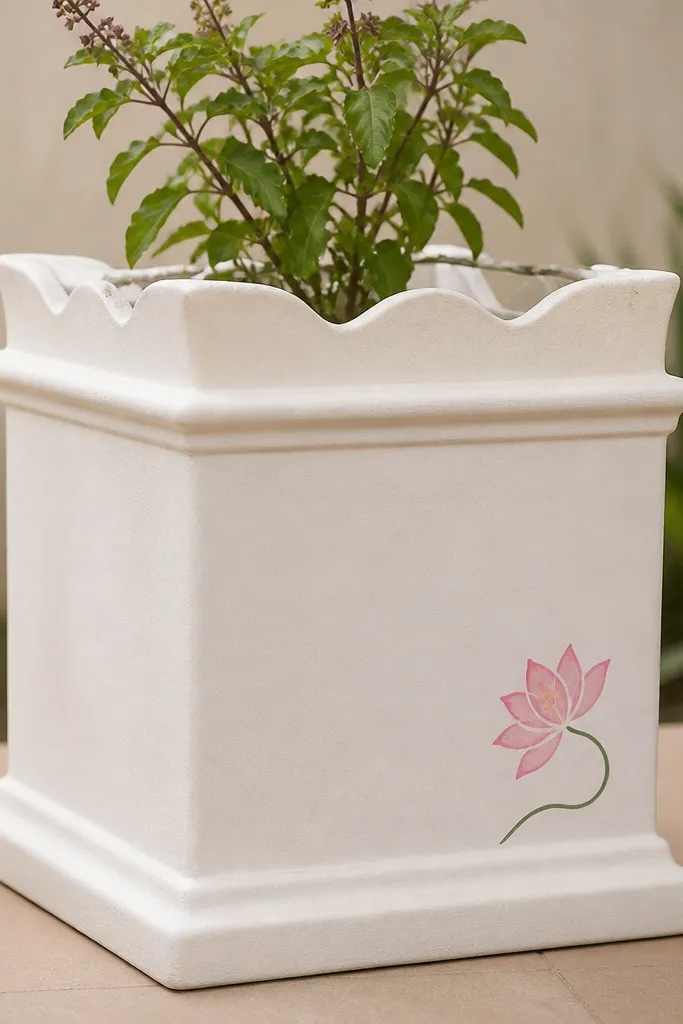 A tulsi pot with a single corner motif: a small lotus flower painted near the lower right side. The petals are in soft pink with pale yellow dots, and a thin green stem curves upward.