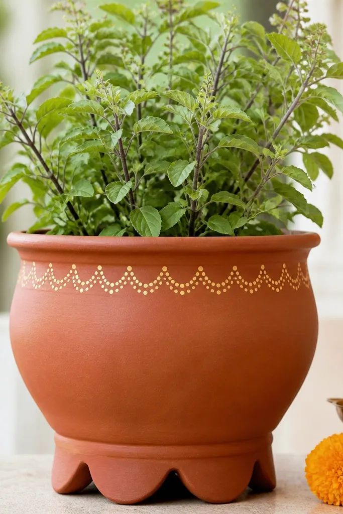 A tulsi pot with a ring of gold dot patterns just under the rim. The dots form tiny arches like henna, with short gold lines connecting them in a repeating loop.