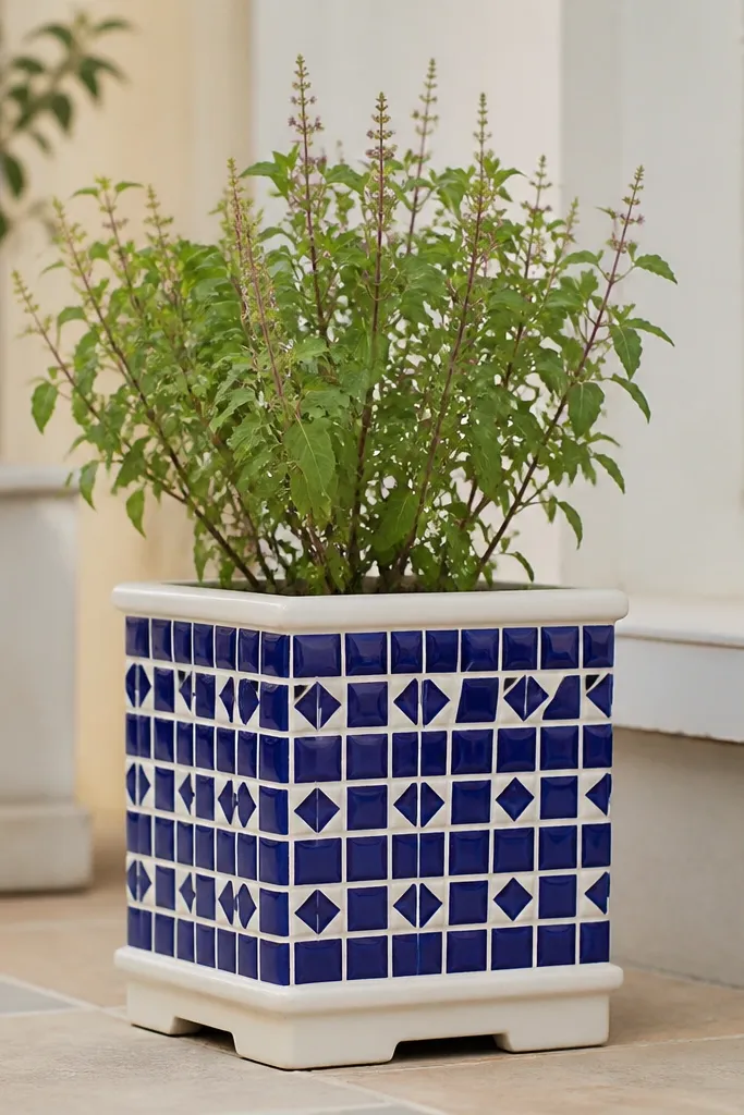 A tulsi pot with a repeating blue tile pattern: small squares and triangles in cobalt blue, with white lines forming grout-like borders. The pattern wraps around the pot evenly.