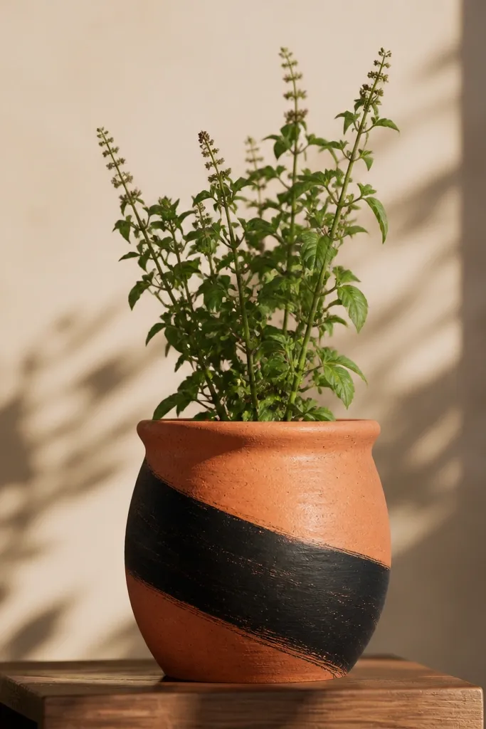 A tulsi pot with one big black brushstroke band wrapping diagonally, with soft white specks scattered around it like dust. The rest of the pot stays terracotta.