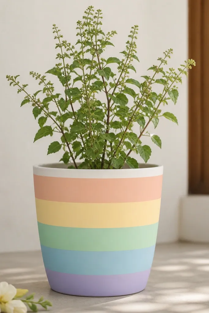 A tulsi pot with wide pastel rainbow stripes: peach, pale yellow, mint, sky blue, and lavender. The stripes are smooth and evenly spaced, with a clean rim line left untouched.
