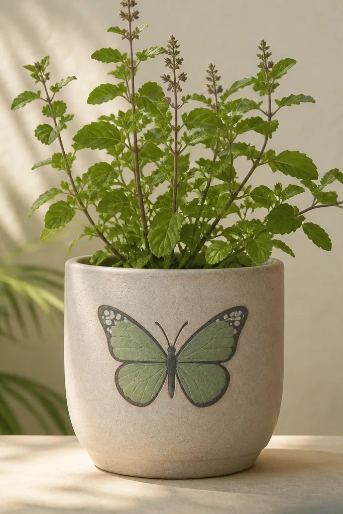 A tulsi pot with a butterfly outline drawn in charcoal around the upper middle, with wing fill in soft sage green. Small white highlights sit near the wing tips.