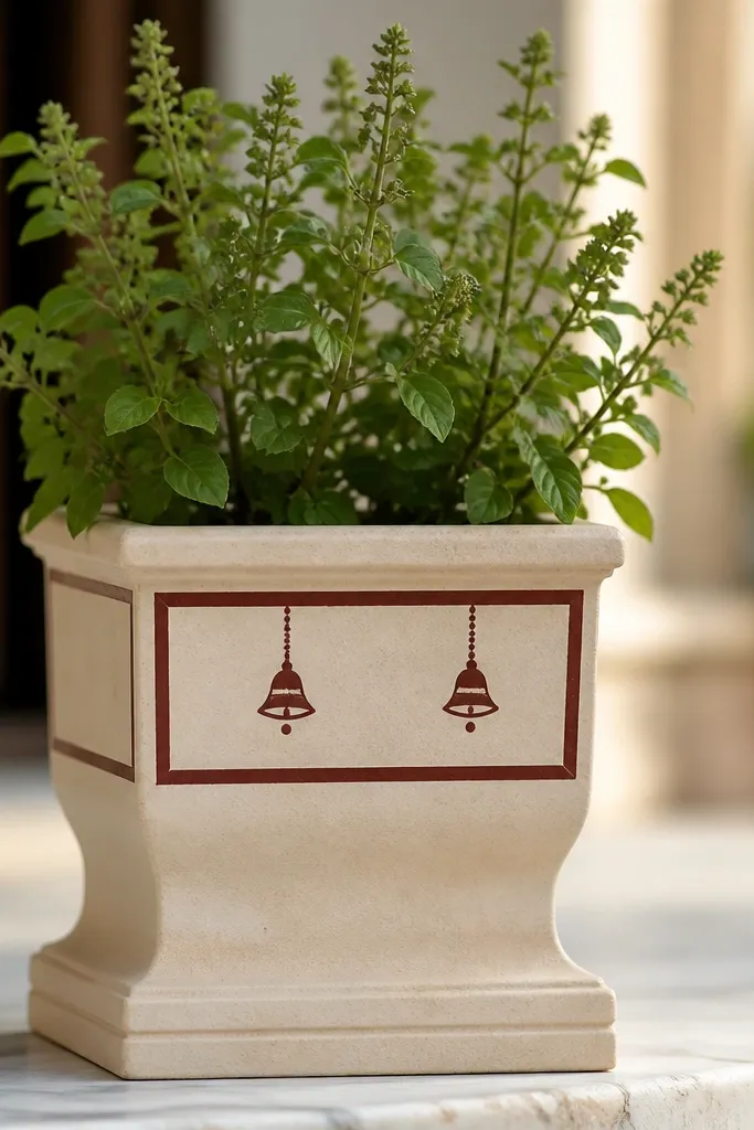 A tulsi pot painted with a maroon rectangular frame around the upper third. Inside the frame, two small bell shapes hang from a painted line, with tiny dots like bells' accents.