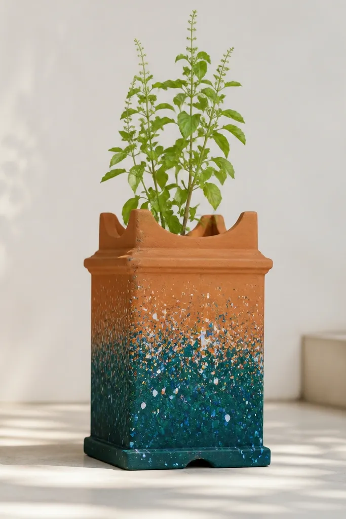 A tulsi pot with a deep teal splatter pattern across the lower half. White and light blue specks are scattered randomly, like raindrops, with the top half left mostly terracotta.